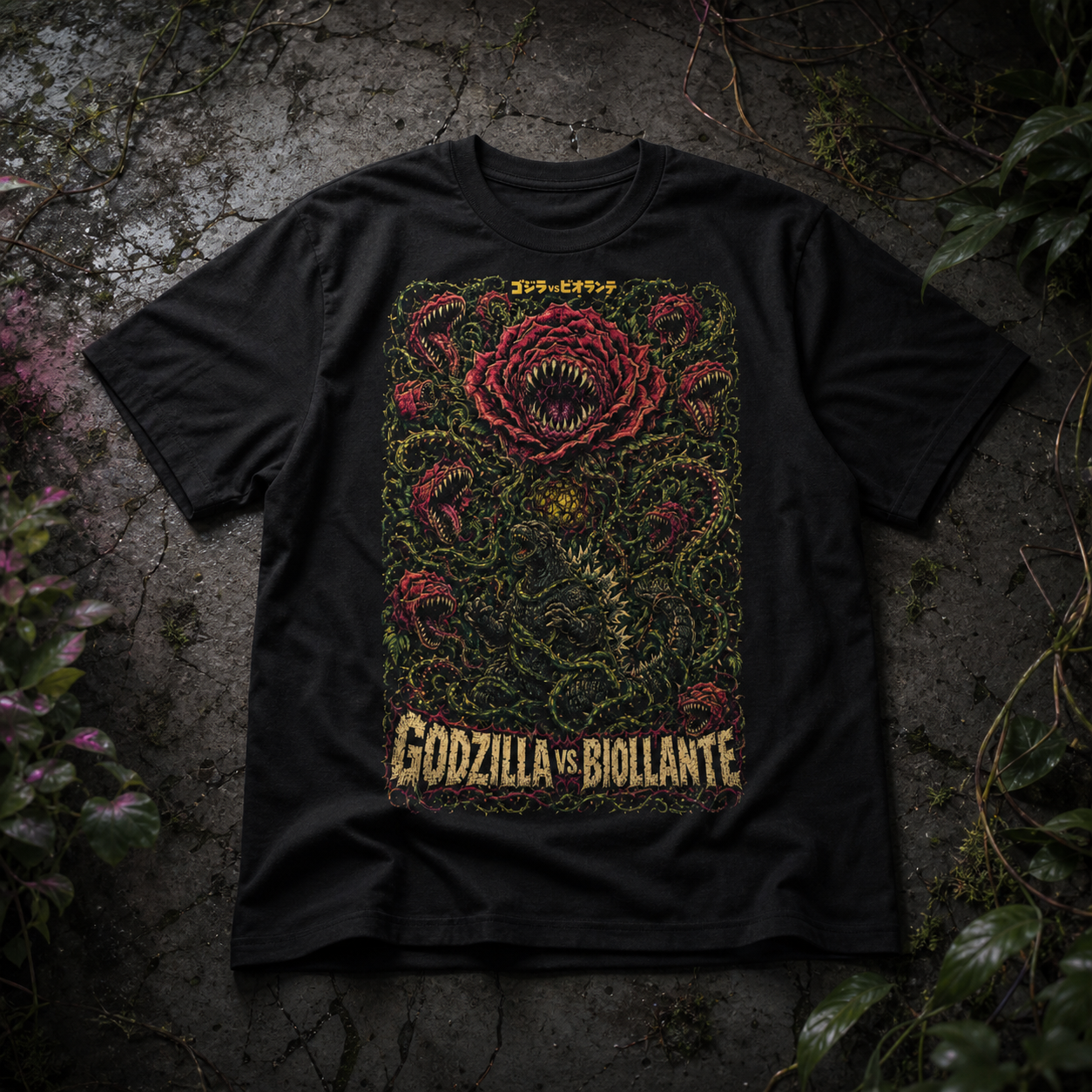 Black Godzilla versus Biollante graphic tee mockup