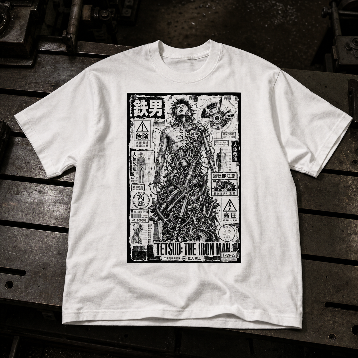White Tetsuo The Iron Man graphic tee mockup