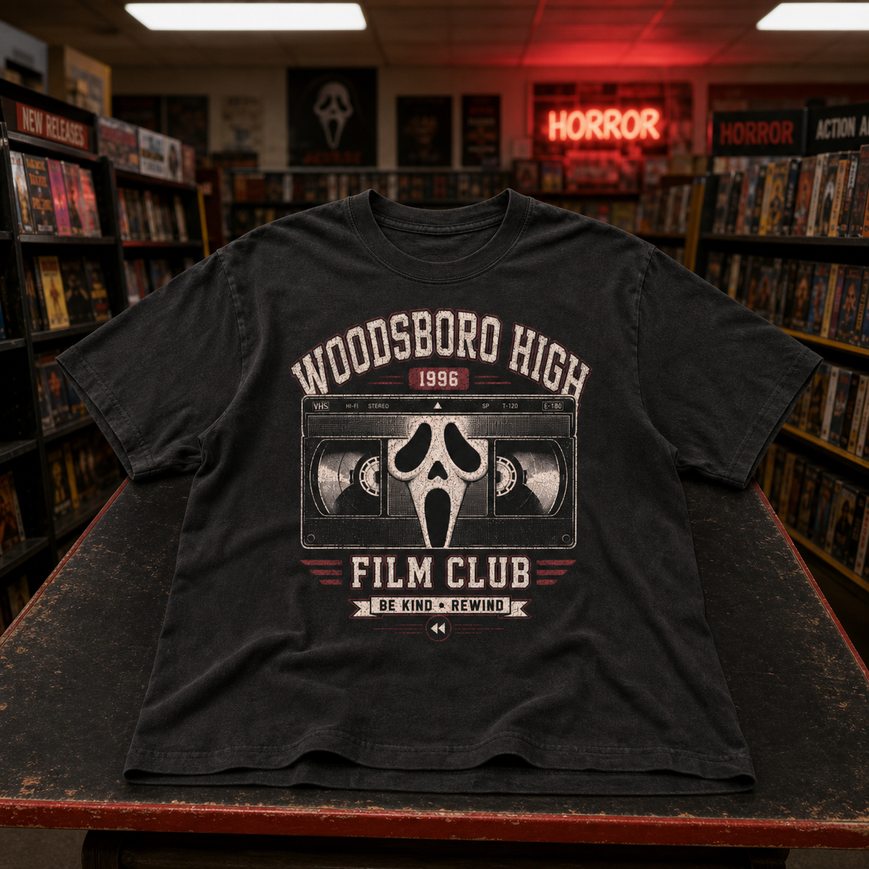 Black Woodsboro High Film Club graphic tee mockup